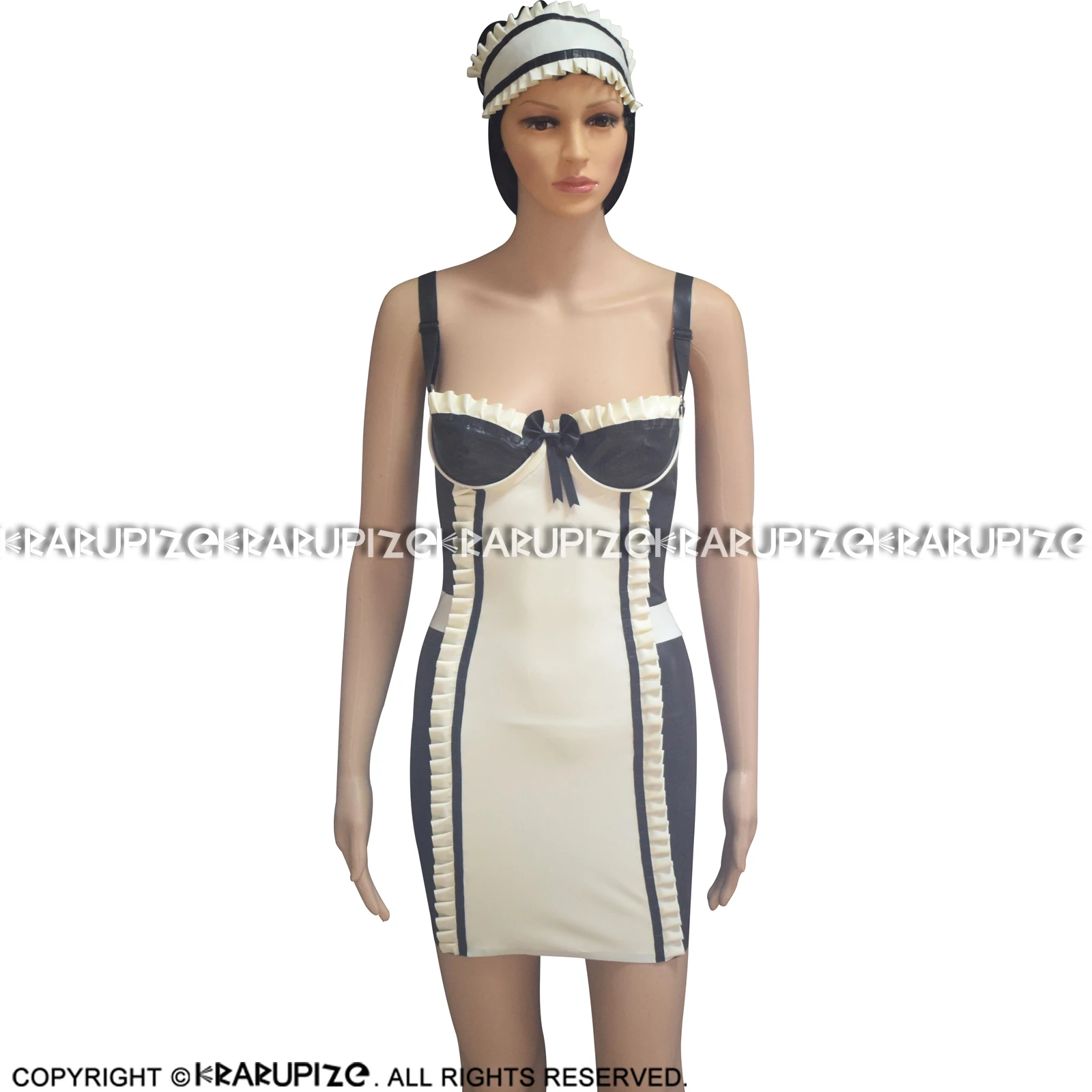 Black And White French Maid Sexy Mini Latex Dress Rubber Uniform With Bows Lacking Zipper Gown Playsuit Bodycon LYQ-0105