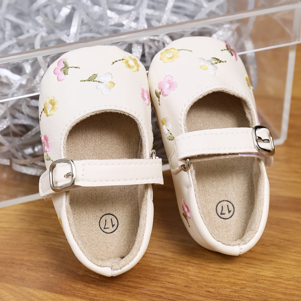 Yibubu Beige Baby Shoes Embroidered Floral Baby Girl Shoes, Mary Jane Flats, Princess Shoes, Non-Slip Rubber Sole Newborn First