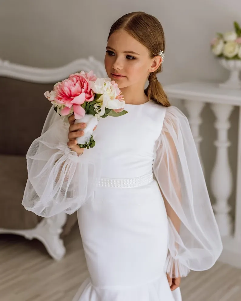 인어 꽃 소녀 드레스 푹신한 얇은 명주 그물 긴 소매 여자를위한 공식 파티 새틴 가운 아기 소녀 드레스