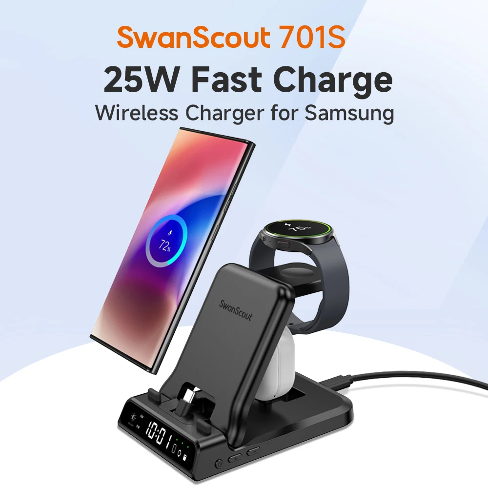 

SwanScout 701S Charging Station for Samsung S24 S23 Z Flip 5 Z Fold 5 Wireless Charger for Galaxy Watch Ultra 7 6 for Buds 2 Pro