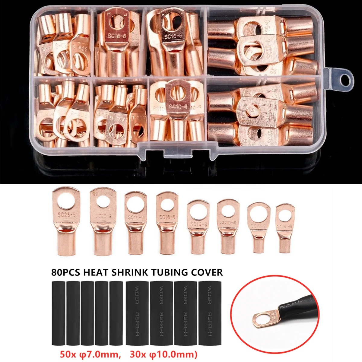 140pcs Copper Terminal Connectors, SC6-SC25 Ring Lug Kit with Shrink Tubing 60 Battery Cable Lugs, with 80 Shrink Tubing