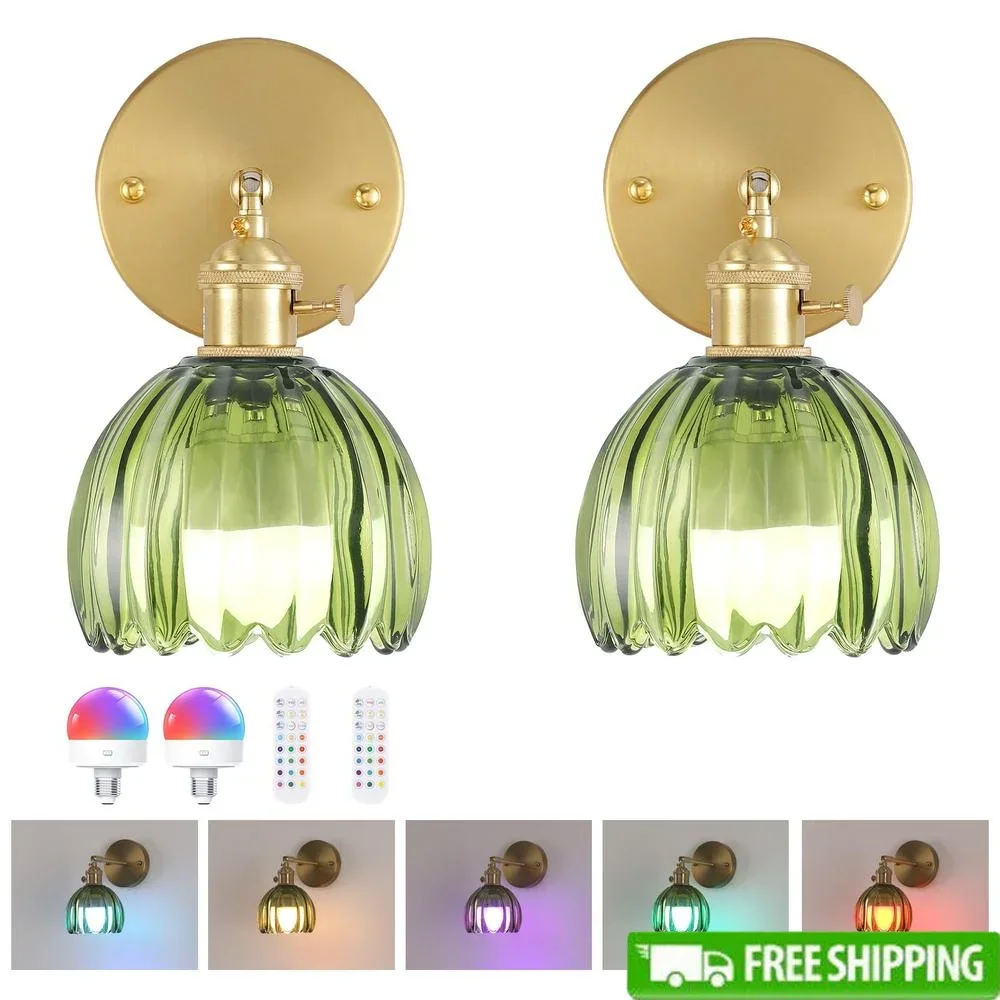 

Vintage Battery Operated Wall Sconce Green Tulip Glass Lampshade Rechargeable Remote Control Wall Light Indoor Home Decor 2 Pack