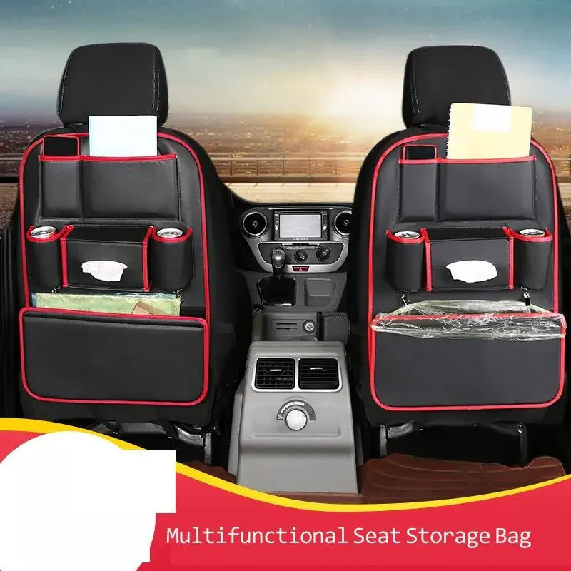 Leather car seat back organizer Universal Auto backseat hanging storage bag protector kick pad cup holder trash bag accessories