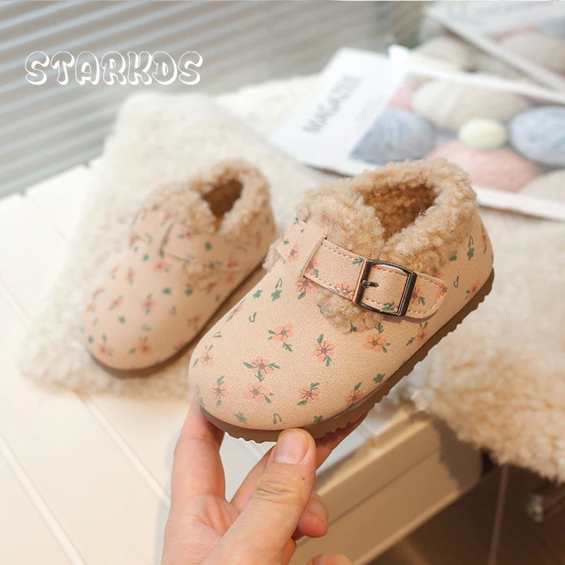 Sweet Flower Print Suede Leather Loafer Kid Girl Winter Warm Teddy Fur Birken Shoe Child Brand Design Slip-on Plush Flat Zapatos