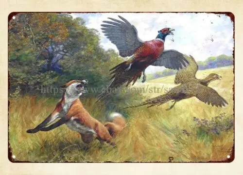 fox pheasant Calendar painting by Walter Haskell Hinton 1920s-1930s metal tin sign