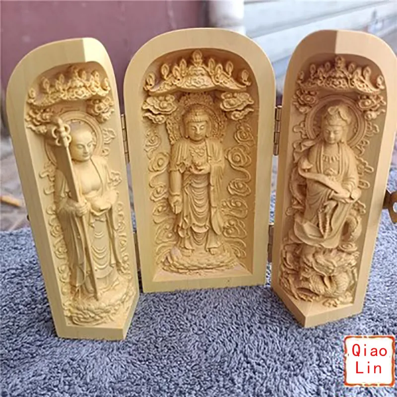 Solid Wood Carving Three Open Buddha Statue, Collapsible Sculpture, Living Room and Bedroom Decoration, Modern Art