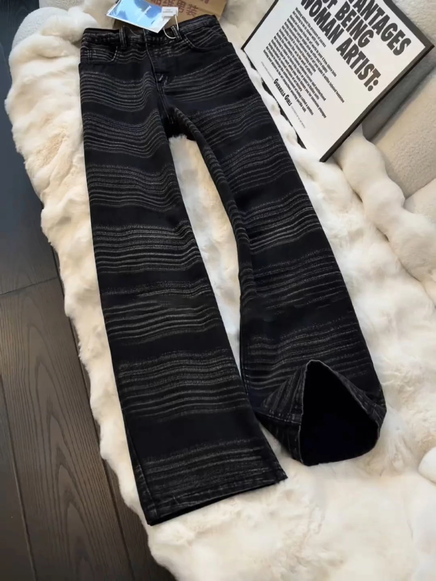 

Retro American Color Block Men's Jeans Spring High Street Hiphop Stripe Pants Leg Lengthening Straight Leg Micro Flared Pants