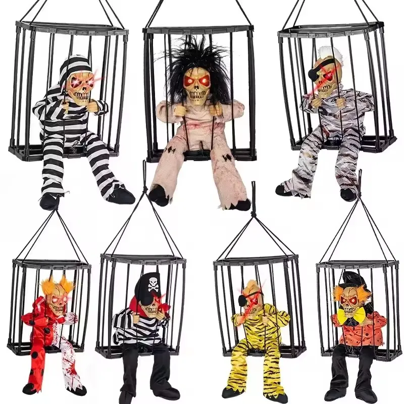 Halloween Scary Skull Decoration Hangable Talking Ghost Prop with Glowing Eye Sound Doll Electric Skeleton Toy in Prisoner Cage