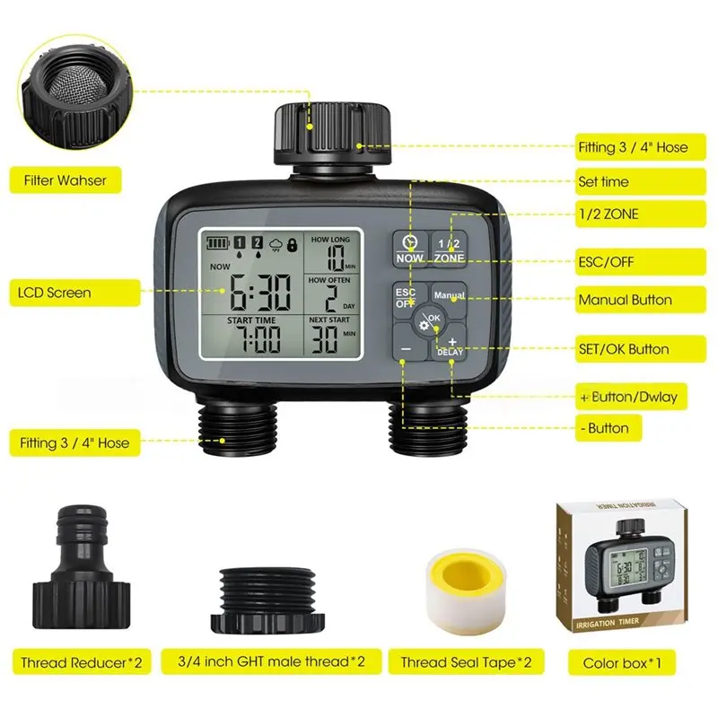 ABDJ-For Garden Hose Sprinkler Timer 2 Zone Programmable Water Timer For Yard Lawn Automatic Irrigation System