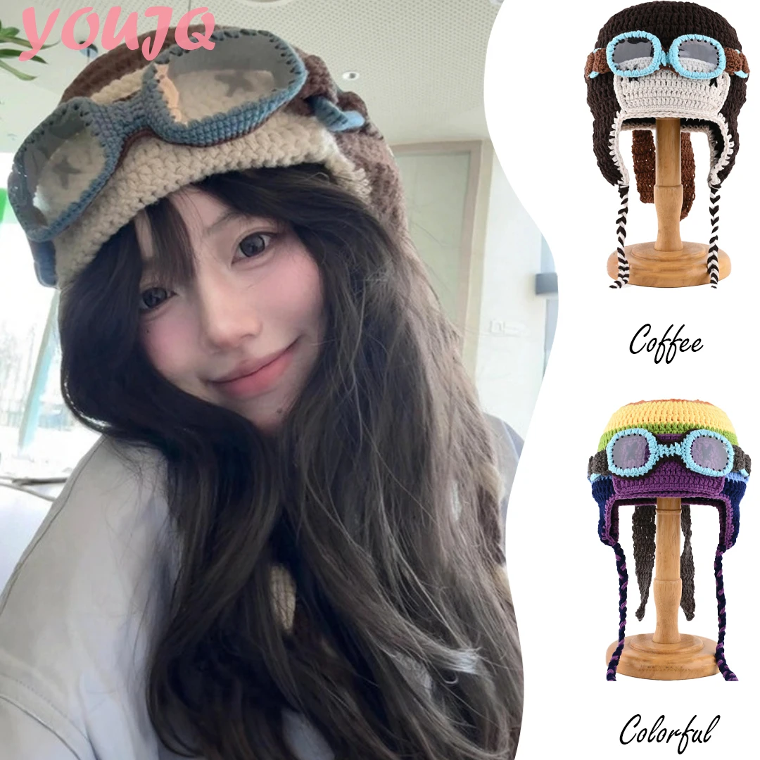 

Korean Hand-crocheted Knit Pilot Pullover Caps for Men Women Autumn Winter Funny Glasses Ear Protectors Cartoon Bomber Hats