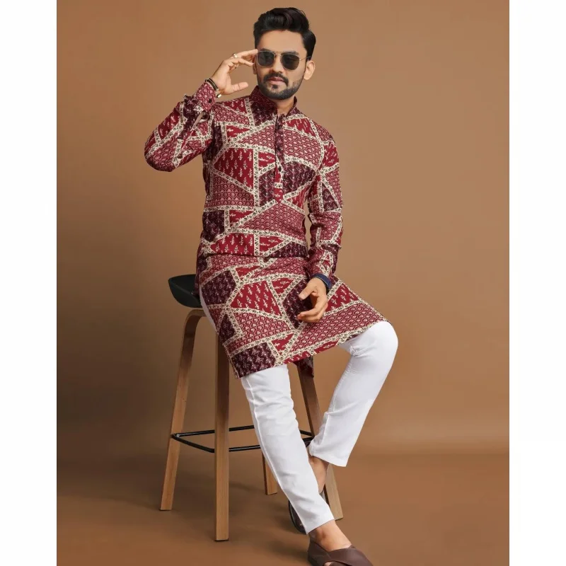 2025 Uomo Stampa digitale Kurta Vardha Regular Fit Colletto alla coreana Lungo Adatto a tutte le occasioni Such Wedding Hari Raya Aidilfitri