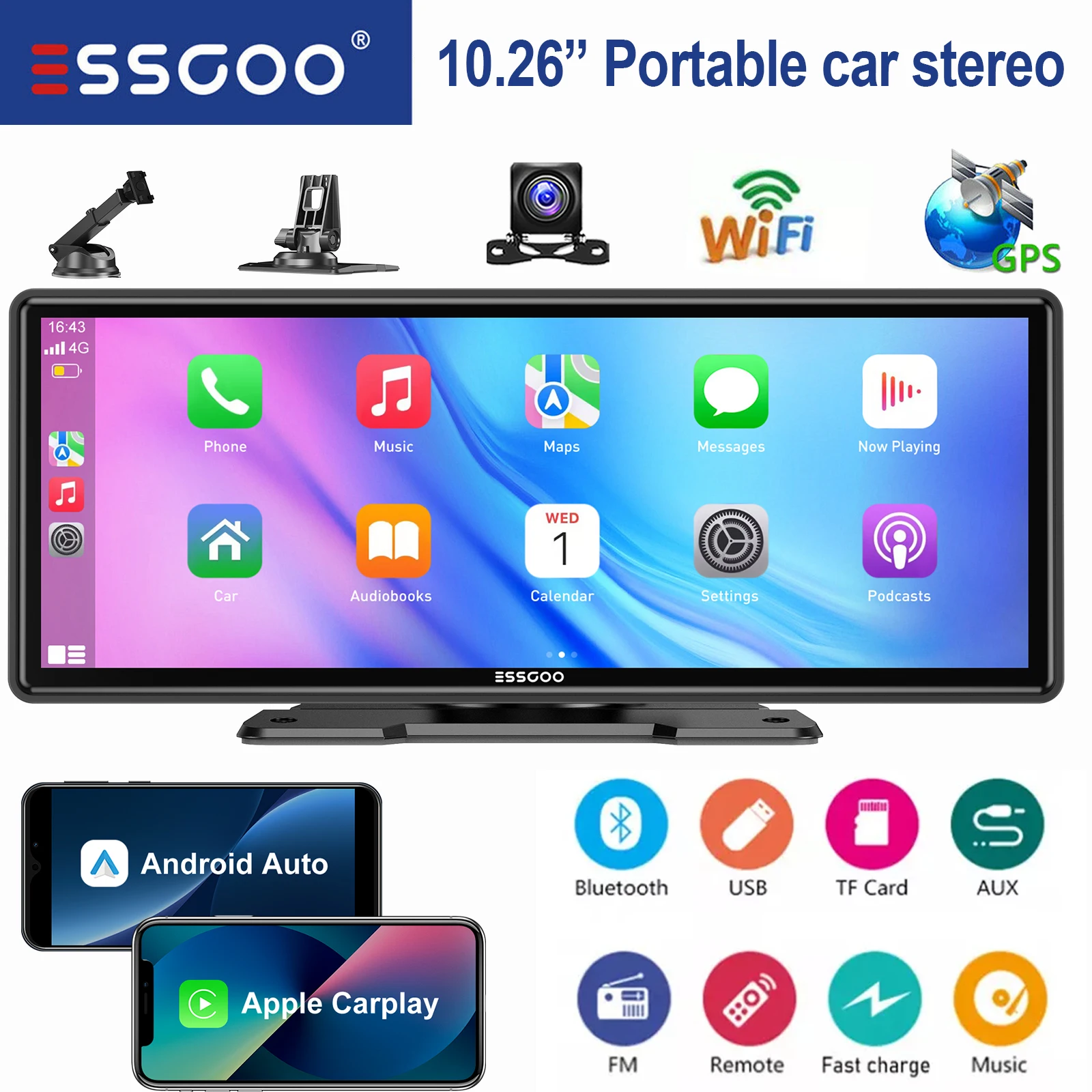 ESSGOO 10,26-inch draagbare universele autoradio HD IPS touchscreen Airplay GPS Navi WIFI Apple CarPlay Android Auto Multimedia videospeler MP5 Mirror Link Bluetooth Spraakbesturing AUX FM-zender