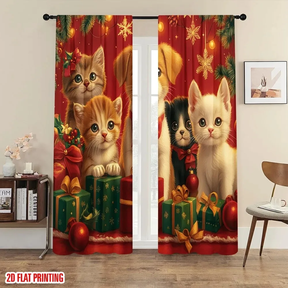 2PCS Digital Print Curtain, Christmas Kittens with Gift Boxes on Red Background, Pine Branches Snowflakes, for Window Home Decor