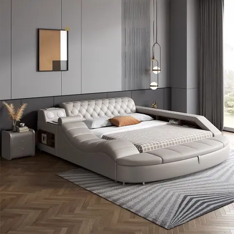 궁극의 진짜 가죽 침대 프레임, 마사지기, 금고, 스피커, 침실용 다기능 테크 스마트 침대, 가정용 카메라 가구