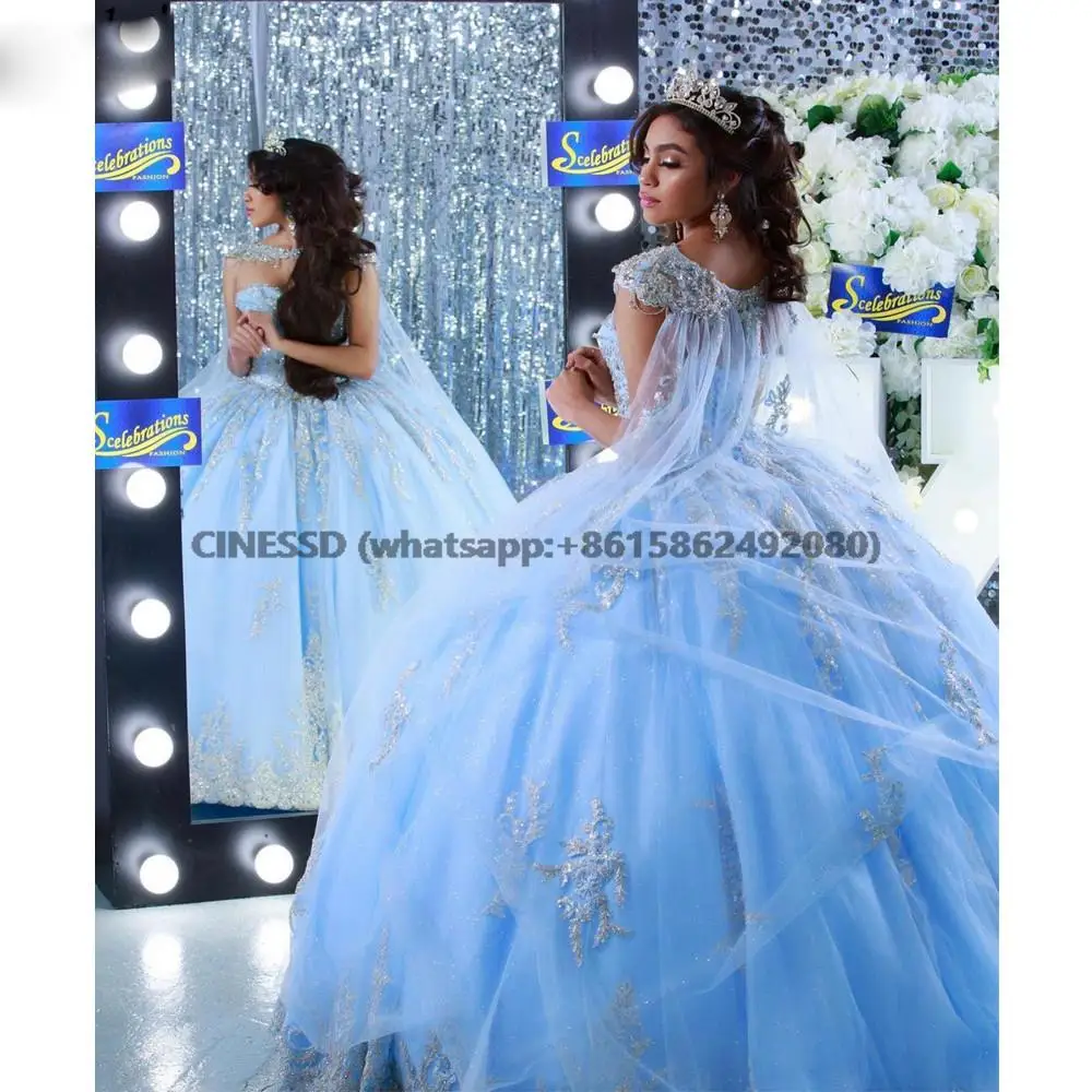 

Princess Sky Blue Quinceanera Dresses With Cape Gold Lace Appliqued Vestidos De Quinceañera Sweetheart Sweet 16 Dress