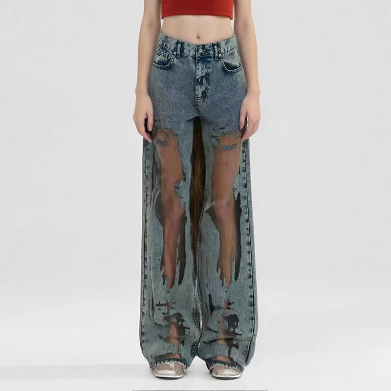 

Y2k Cut-out Gradient Woman's Denim Pants Mesh Patchwork Low Rise Jeans for Women Baggy Wide Leg Dragging Vintage Denim Trousers