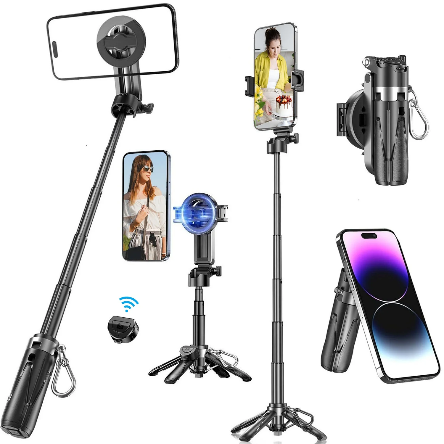 

Magnetic Mini Selfie Stick Tripod Stand for Magsafe iPhone Samsung Mobile Phones 4-in-1 Pocket Travel Phone Tripod with Remote