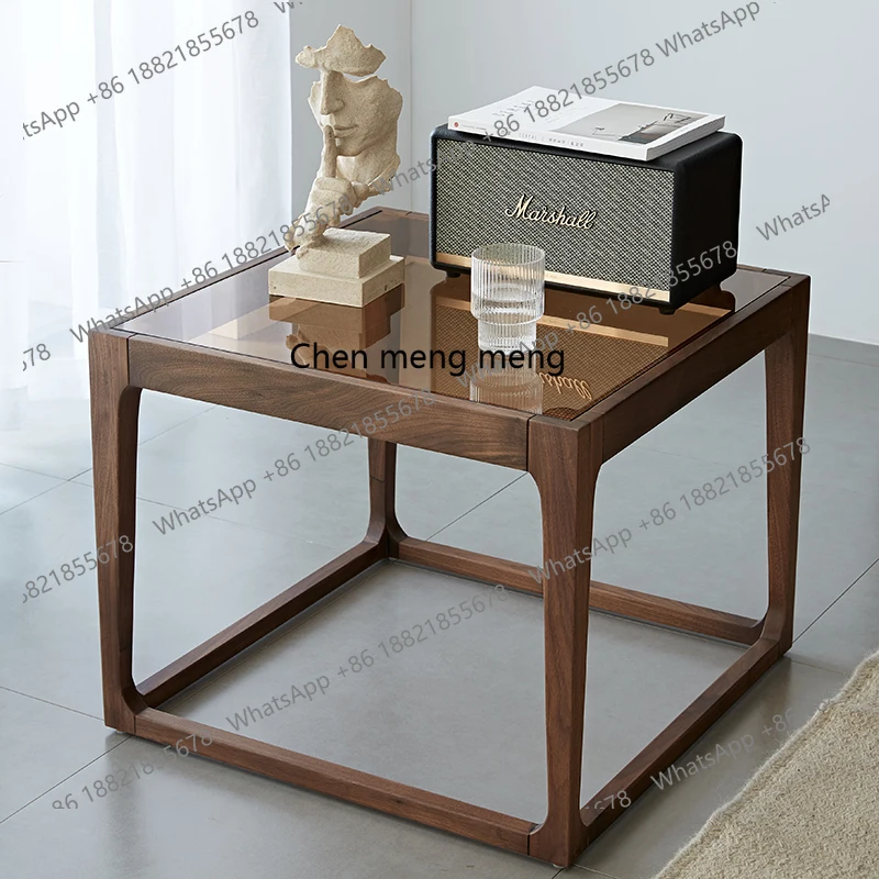 G153 Nordic black walnut solid wood edge table, simple modern tempered glass rectangular coffee table