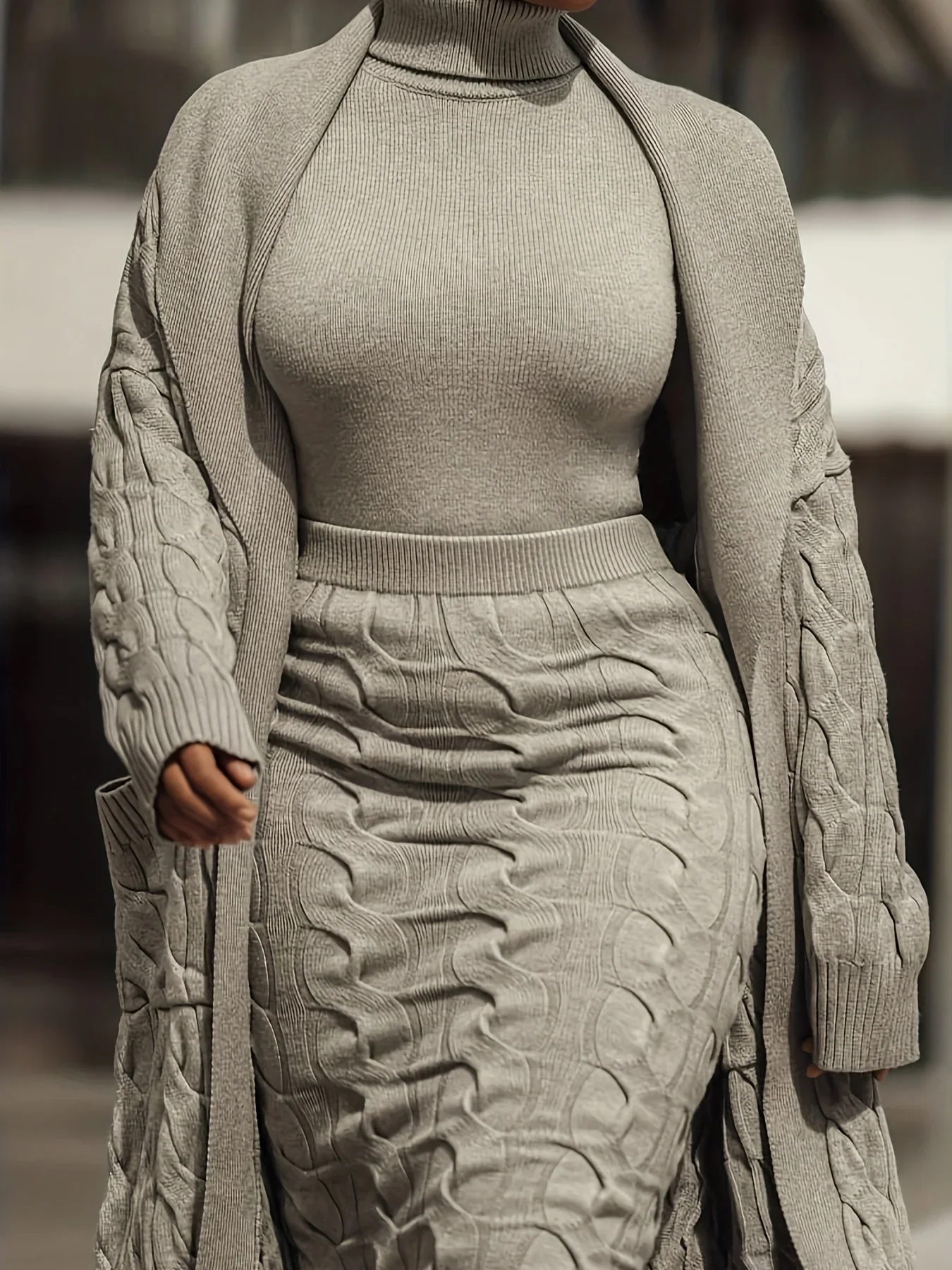 2024 Winter Chic Three-Piece Knit Set Women Open Front Pocketed Cardigan Sleek Turtleneck Sweater With High-Waist Skirt Perfect