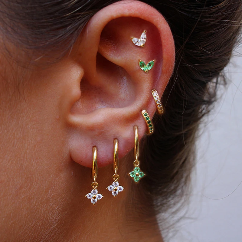 2PCS Fashion Crystal Zirconia Flower Pendant Hoop Earrings for Women Simple Huggies Piercing Earring Minimalism Jewelry aretes