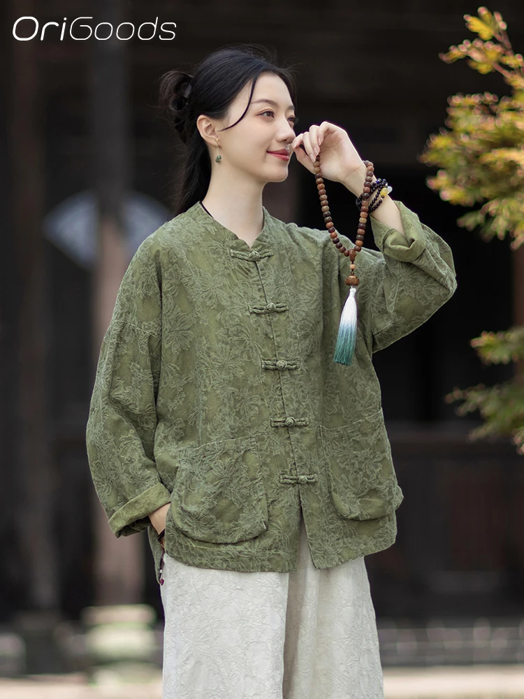 OriGoods JACQUARD Stoff Bluse Baumwolle Leinen Chinesischen Stil Lose Fit Jacquard Kleidung Mantel Herbst Vintage Shirt Frau Top C140