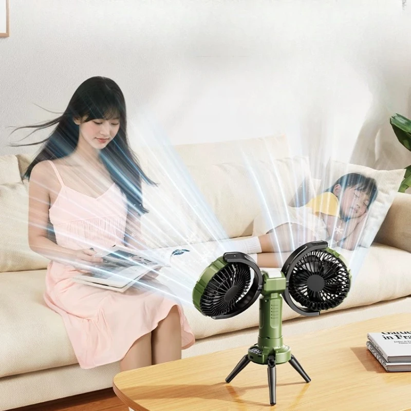 Dual-Head Camping Fan 8000mAh Battery Powered Tent Fan 4 Speeds Wind 2 Level Light Adjustable Rechargeable Fans Air Cooling Fan