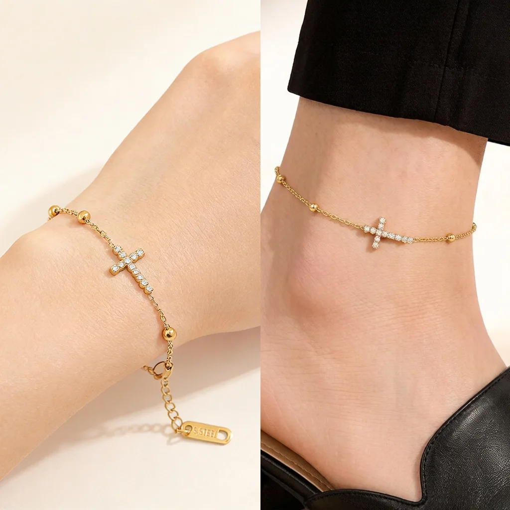 Pulseira e tornozeleira de aço inoxidável com contas redondas e design de cruz de diamante, banhada a ouro 18K, sucesso de vendas transfronteiriço, não deslizante.