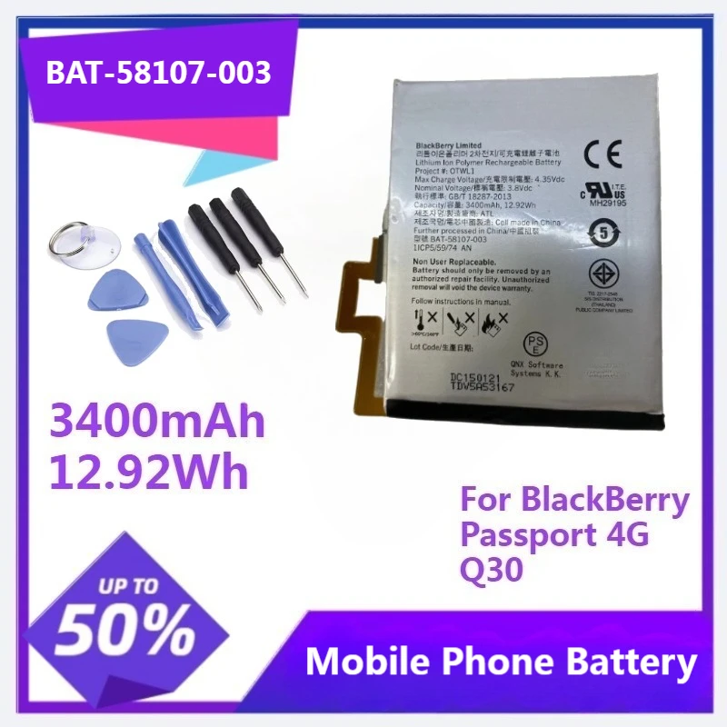 

1pcs Battery BAT-58107-003 Replacement Battery for BlackBerry Passport 4G Q30 SQW100-1+ Repair Tools Kit 3400mAh