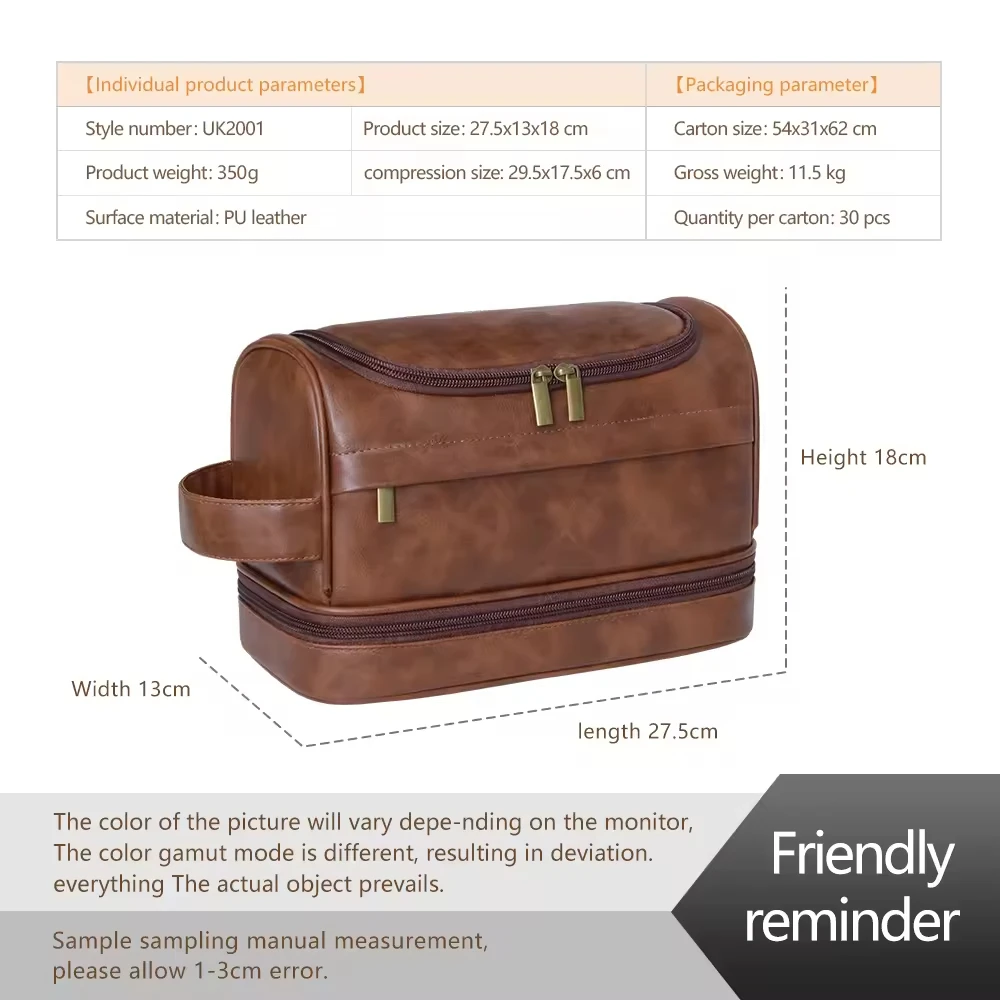 New Personalized Custom Hanging Cosmetic Bag Large Capacity PU Leather Double Layered Men Wash Bag Travel Makeup Organizer