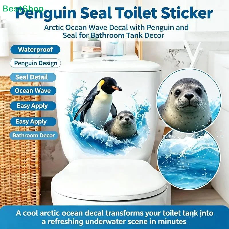 Waterproof Self Adhesive Polar Ocean Animal Decorative Stickers PVC Material Toilet Tank Decorations Bathroom Decoration