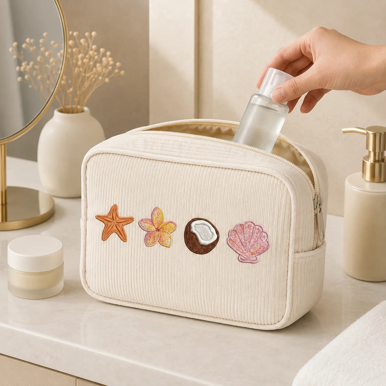 Printing Cosmetic Bag Soft Corduroy Makeup Pouch Tropical Beach Vacation Toiletry Organizer Zipper Beauty Storage Case Bag