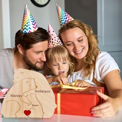 Custom Name Wooden Bear Family Ornaments Personalized Wood Carving Bear Puzzle Christmas Birthday Gift home decor action figure