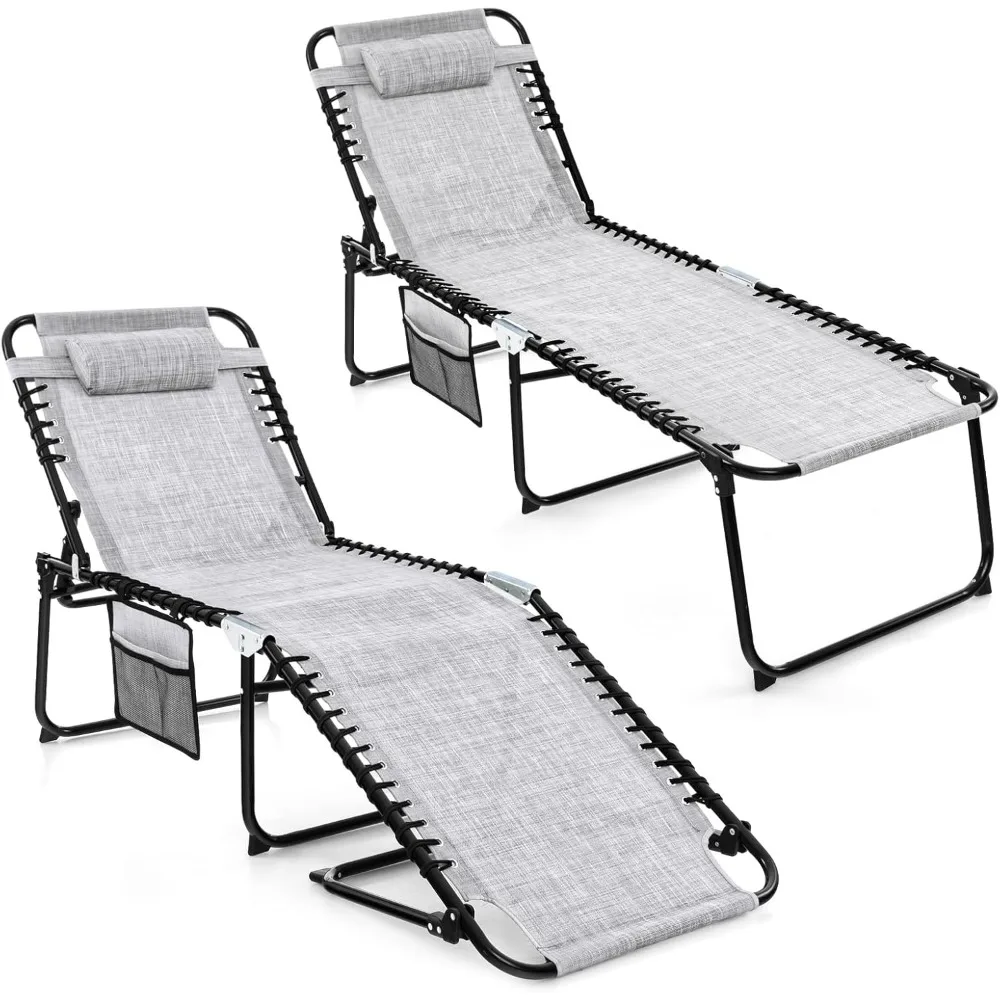

Lounge Chairs for Outside, Extra High Folding Beach Tanning Lounger with Adjustable Backrest, Footrest & Removable Pillow