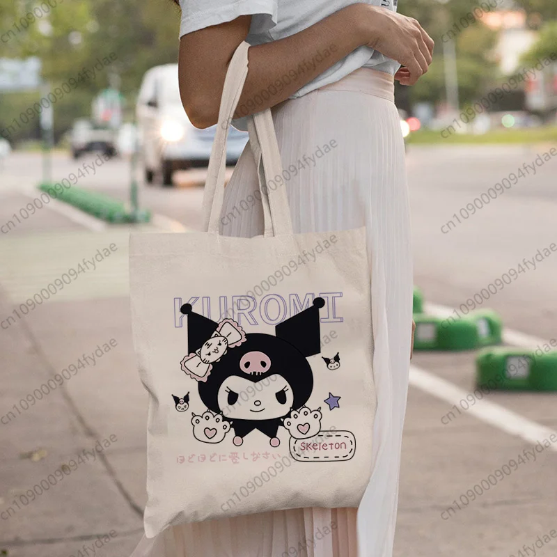 

Ladies Shoulder Bags Sanrio Kuromi Love Collection Graphic Printed Tote Bags Foldable Shopping Bag Linen Bag Outdoor Beach Bag
