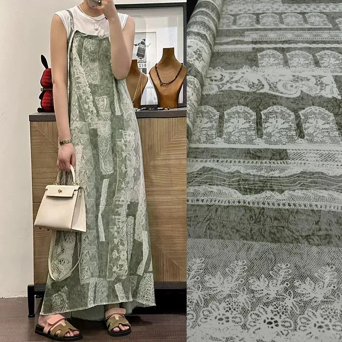 Light Green Vintage Botanical Print Silk Stretch Crepe De Chine Fabric Mulberry Silk Material for Dresses 140cm wide blouse