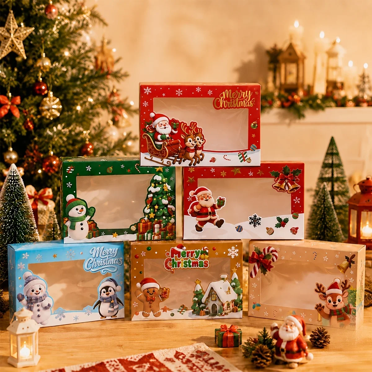 6pcs Party Supplies Set, Christmas Paper Gift Boxes with Window, Cartoon Santa Claus Snowman Mixed Rectangular Gift Boxes