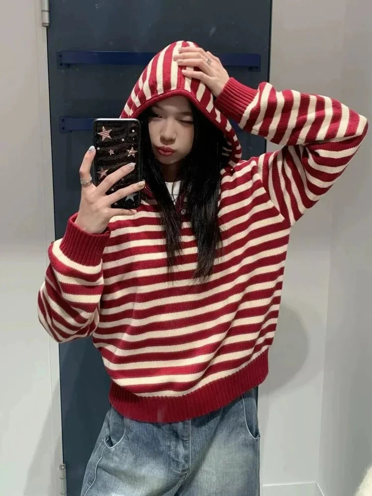 

Винтажный полосатый вязаный свитер с капюшоном, женская уличная одежда, пуловеры на молнии с полуоткрытым воротником, осень-зима, повседневные джемперы в стиле Харадзюку, новинка