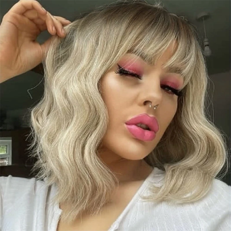 

100% Real Human Hair Lace Wig Ombre Blonde Wavy Bob Wig With Bangs for Women Medium Shoulder Length Glueless Lace Part Wig Qearl