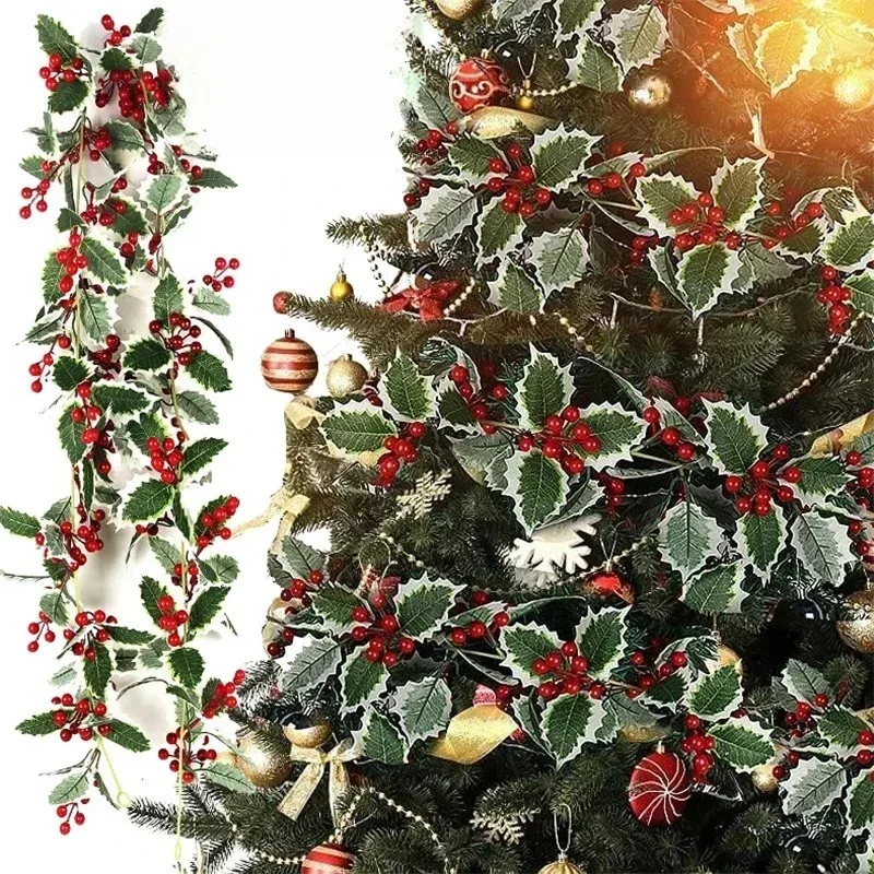 

Artificial Holly Leaf and Red Berry Garland Wall Hanging Christmas Home Decoration Faux Christmas Vine for Holiday Atmosphere