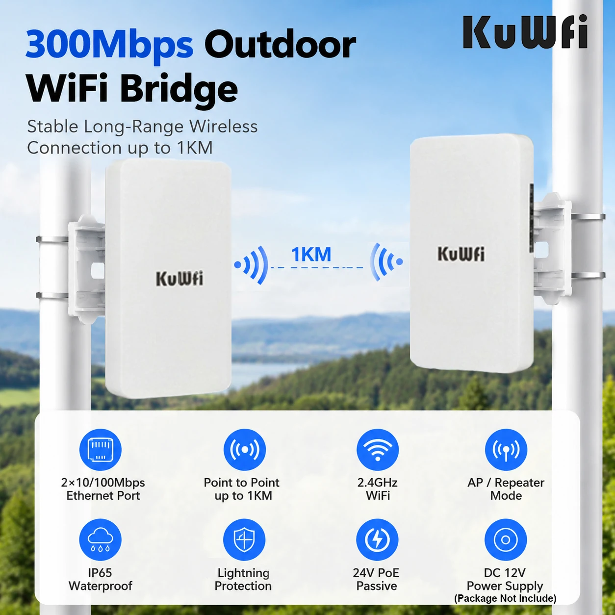 KuWFi Outdoor CPE Bridge 300Mbps 2.4G WiFi Signal Coverage Long Range Extender PTP 1KM IP65 AP Repeater Mode for IP Camera CCTB