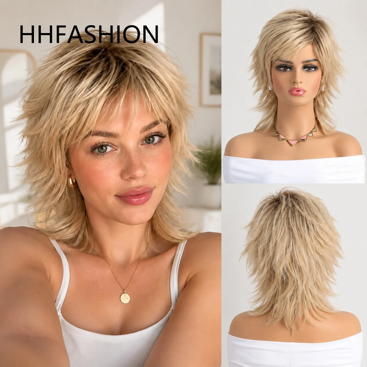 

12 inch new women's synthetic wig with gold layered short fluffy natural synthetic fiber headband wig, suitable for women to use