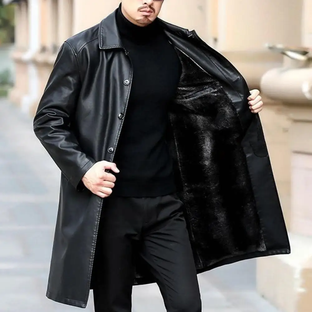 Men Jacket Solid Color Faux Leather Lapel Long Sleeve Coat Pockets Single Breasted Fleece Lining Jacket Coat Men Long Streetwear