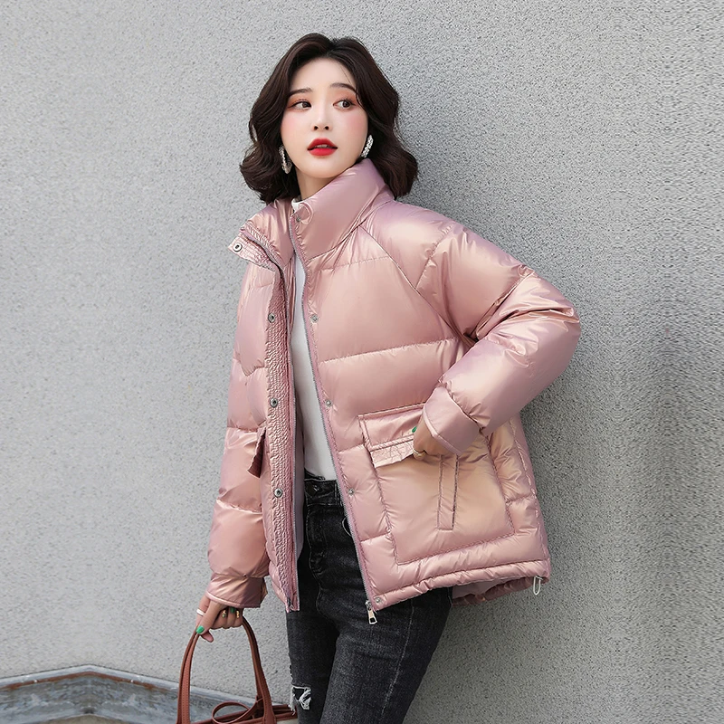 Fashion Short Gloosy Parka Thick Warm Winter Jacket Women Casual Stand Collar Coat Chic Outerwear Female