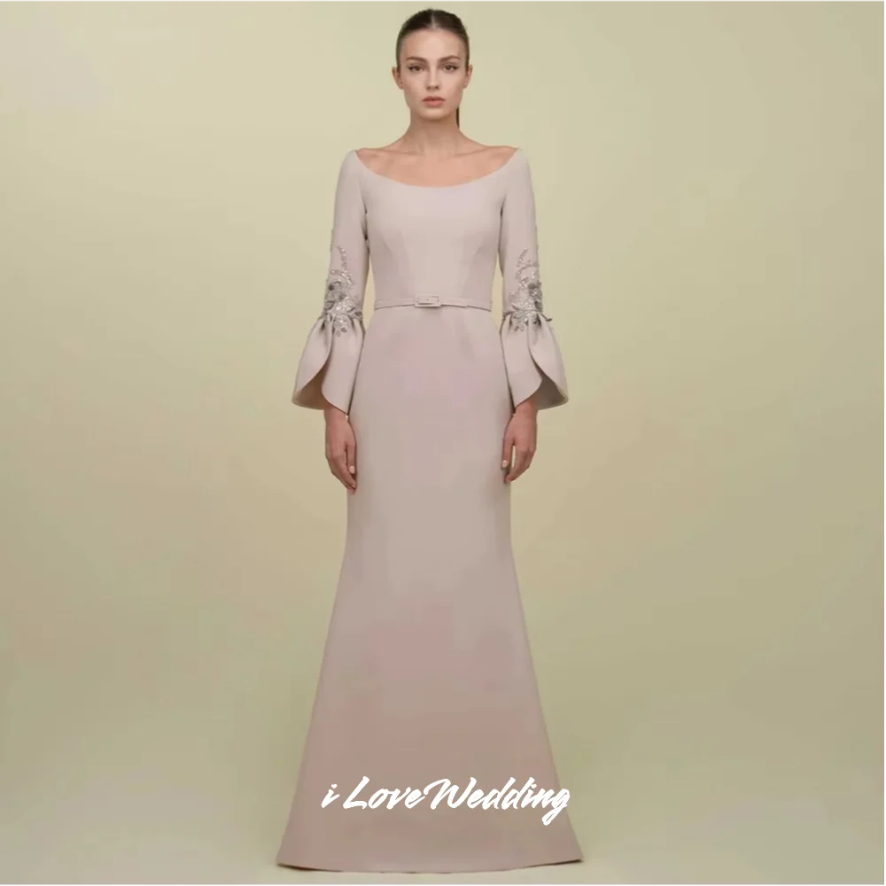 

Woman Long Sleeve Scoop Neck Mermaid Beaded Belt Prom Dresses Saudi Arabia Floor-Length Formal Party Dresses Pleated Customized