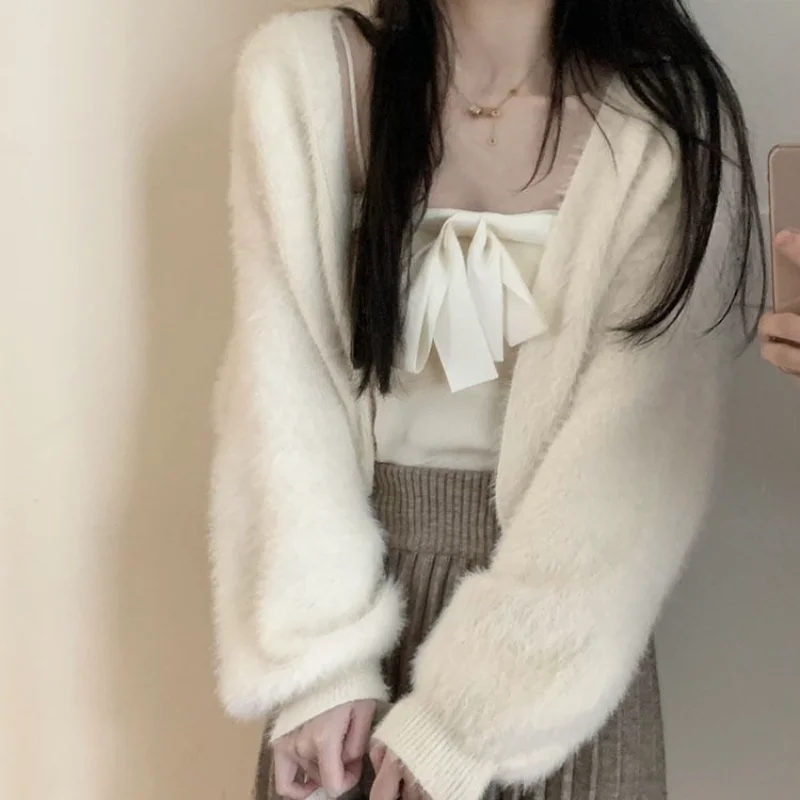 Soft Glutinous Knitted Cardigan Autumn Korean New Short Plush Long-sleeved Sweater Jacket for Women