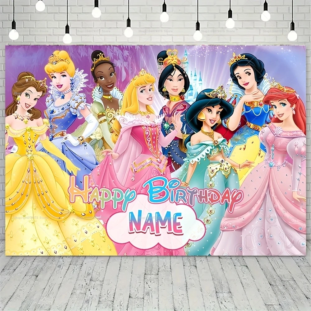 Sfondo fotografico personalizzato Disney Cartoon Princess Nome personalizzato Banner per decorazioni per feste di compleanno per bambini