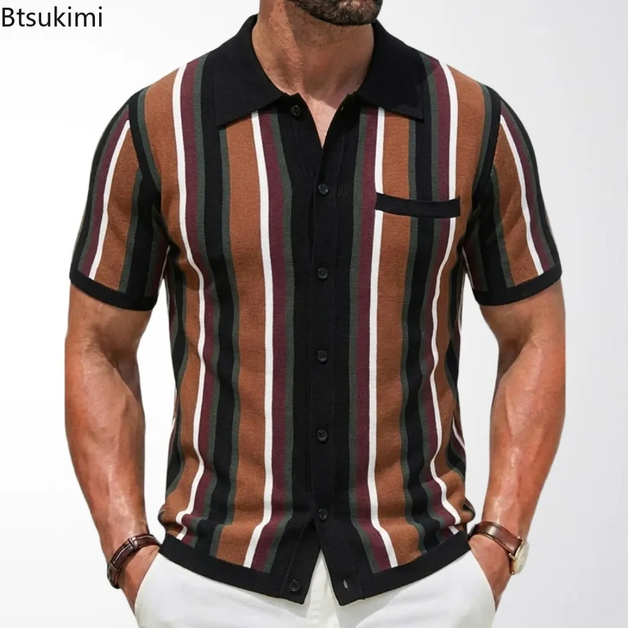 Polo de manga corta para hombre, cárdigan ajustado de punto para negocios, ropa de calle informal, Tops masculinos, primavera y verano, 2024
