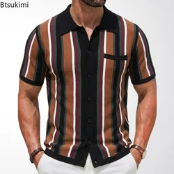 2026 Men's Summer Casual Knitted Shirts British Retro Stripe Patchwork Knitted Short Sleeve Jacquard Business Polo Shirt Male