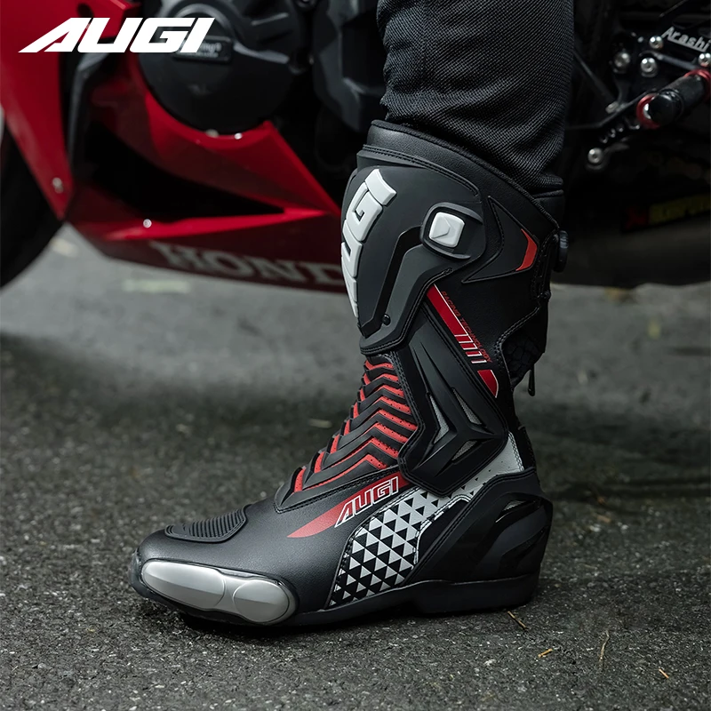 AUGI Boots for Motorcyclist Man Track Boots Racing Fall Resistant Breathable Motorcycle Boots Summer Sports Leather Shoes