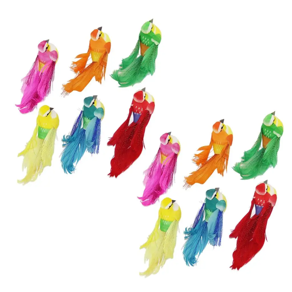 Set of 12 Colorful Artificial Feather Birds for home Decor Figurines